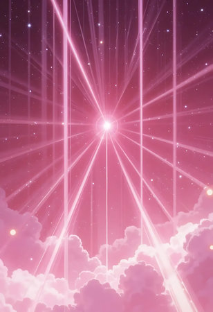 abstract pink background with rays of light and some clouds in itの写真素材