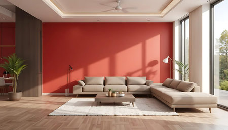 Interior of modern bright living room with red wall, 3D rendering
