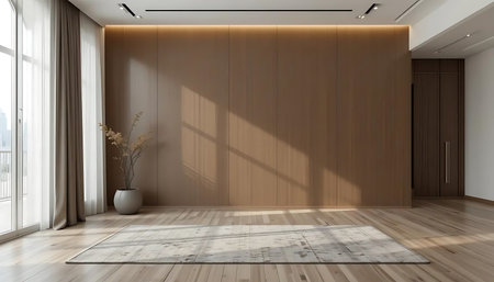 Interior of modern living room with wooden walls, wooden floor and big window. 3d renderingの写真素材