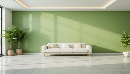 Interior of modern living room with green wall, white sofa and plants. 3d renderの写真素材