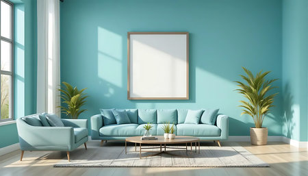 Interior of modern living room with blue sofa, 3D renderingの写真素材