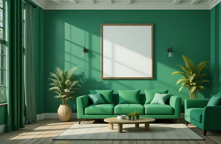 Green living room interior with a green sofa, a coffee table and a vertical poster. 3d rendering mock upの写真素材