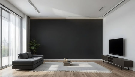 Interior of modern living room with black wall, sofa and tv. 3d rendering