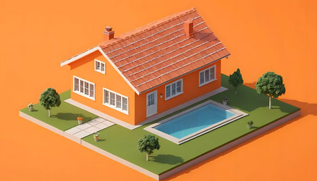 House with swimming pool on orange background. 3d render image.の写真素材
