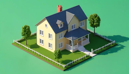 3d rendering of house in isometric view on a green backgroundの写真素材