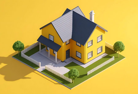 3d house isometric view on a yellow background. 3d renderingの写真素材