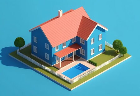3d isometric house with swimming pool isolated on blue background.の写真素材