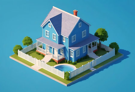 3d isometric house with garden and swimming pool isolated on blue backgroundの写真素材