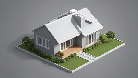 3d rendering of modern house in isometric projection on gray backgroundの写真素材