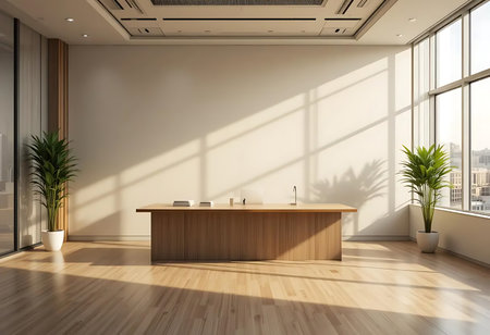 Interior of modern office with white walls, wooden floor, white reception desk and window with city view. 3d renderingの写真素材