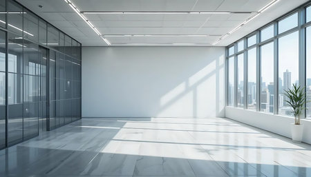 Modern office interior with empty white wall and glass windows. 3D Renderingの写真素材