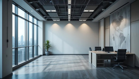 Modern office interior with city view and daylight. 3D Renderingの写真素材
