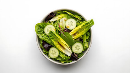 Fresh salad with cucumber, lettuce and radish on white backgroundの写真素材