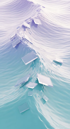 Computer generated image of a stream of cubes floating in the water.