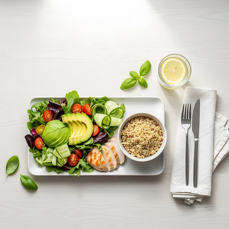 Healthy salad with quinoa, avocado, tomato and cucumber on white wooden tableの写真素材