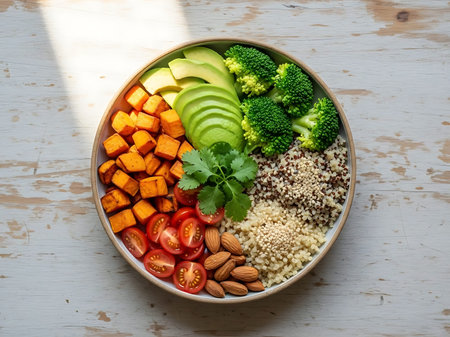 Healthy Buddha bowl with quinoa, avocado, tomatoes and broccoli