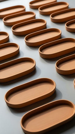 Close-up of brown ceramic plates on a white background. Horizontalの写真素材