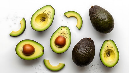 Avocado fruit isolated on white background. Top view. Flat lay.