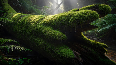 Green moss growing on a fallen tree in a tropical rainforest.