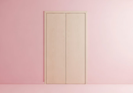 Wooden door on pink background. Minimal style. 3d render