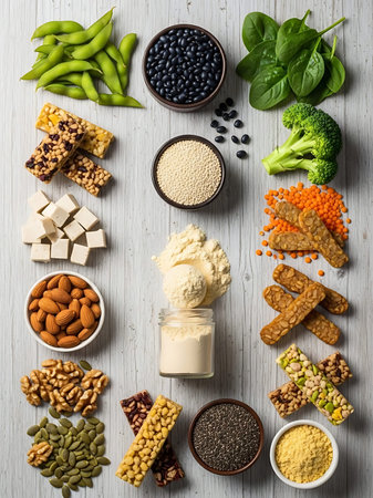 Foods high in protein. Healthy eating concept. Top view.