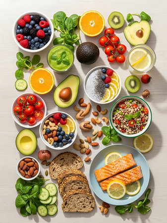 Healthy food clean eating selection: fish, fruits, vegetables, cereals and cereal. Balanced diet.の写真素材