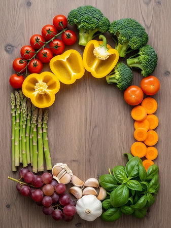 Fresh vegetables on wooden background. Healthy eating concept. Top view.の写真素材