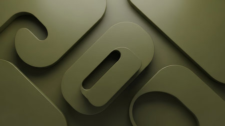 Abstract geometric shapes interplay in olive green tone background.