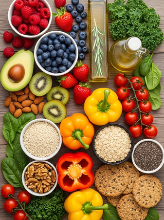 Healthy food background with fruits and vegetables. Top view with copy space