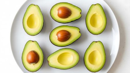 Avocado cut in half on a white plate. Top view.
