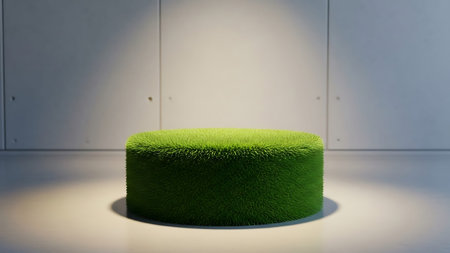 3d rendering of a round pedestal with green grass on itの写真素材