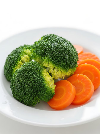 broccoli and carrot on white plate, isolated on white background.の写真素材