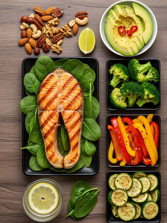 Healthy diet food. Fresh salmon fillet with vegetables and nuts on wooden backgroundの写真素材
