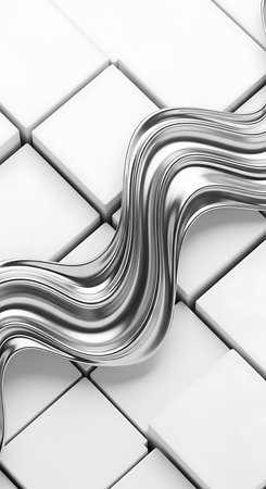 3d illustration of abstract metallic background with smooth chrome lines over white cubes