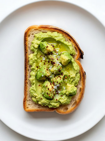 Avocado toast on a white plate, top view, close-upの写真素材