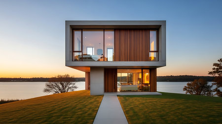 3d rendering of modern cozy house with pool and parking for sale or rent with beautiful landscaping on background. Clear summer evening with blue sky.の写真素材