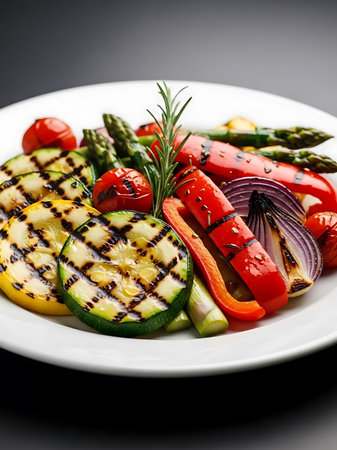 Grilled vegetables on a white plate. Healthy food. Vegetarian.の写真素材