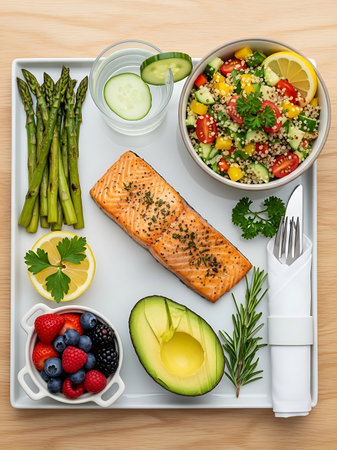 Healthy lunch bowl with salmon, quinoa, avocado, asparagus and berries. Healthy food concept.の写真素材