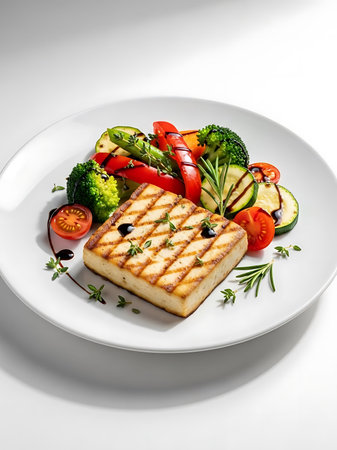 Grilled Fish Fillet with Vegetables and Herbs on White Plateの写真素材
