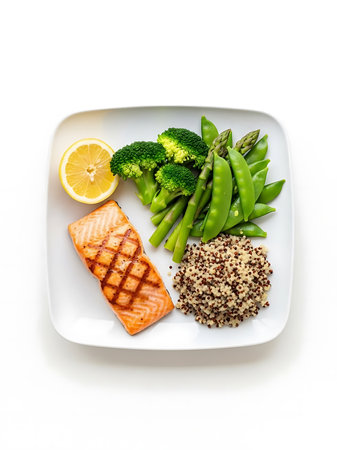 Grilled salmon steak with quinoa and green peas on white backgroundの写真素材