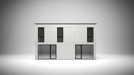 3d rendering of a white building with windows on a gray backgroundの写真素材