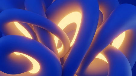 3d rendering of abstract background with glowing wavy shapes in blue colors