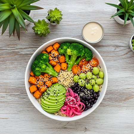 Buddha bowl with quinoa, avocado, chickpeas and vegetables. Healthy vegan food concept