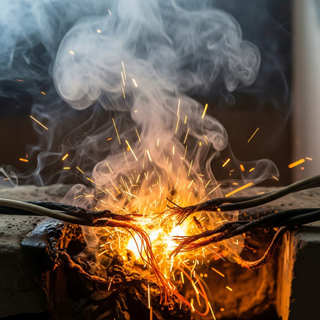 welding of electric wires with sparks and smoke close-upの写真素材