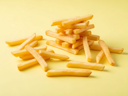 French fries on yellow background, close-up, selective focus.