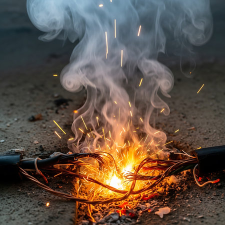 Welding of electric cables with sparks and smoke, close-up