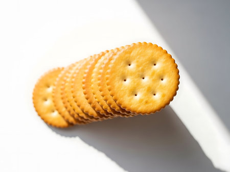 Crackers on a white background with a shadow from the sun.