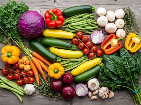 Vegetables on a wooden table. Healthy food background. Top view.