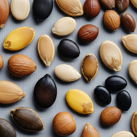 Healthy food background. Nuts and seeds on a gray background.の写真素材