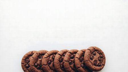 Chocolate chip cookies on white background with copy space for text.の写真素材
